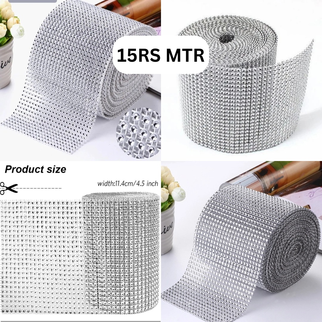 1 Meter Color Silver Rhinestone Mesh Trimming Ribbon for Jewellery, DIY Party Wedding Decoration & Accessories 24 Line