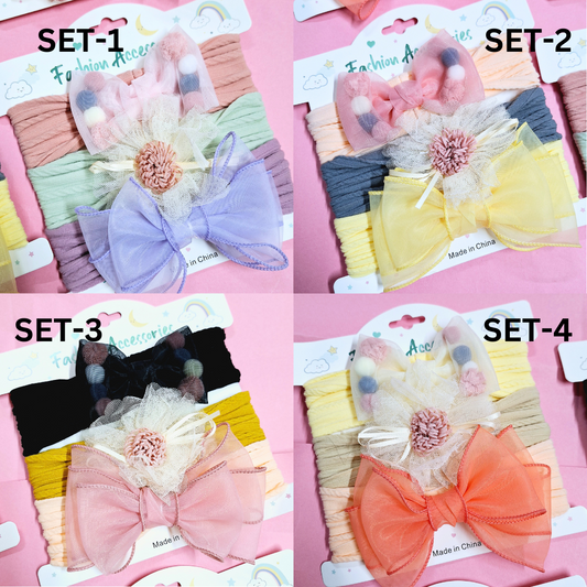 Pack Of 4 Cards Trendy Colorful Stretchable Elastic Headbands For Girls (3pc Each Set) Free Size