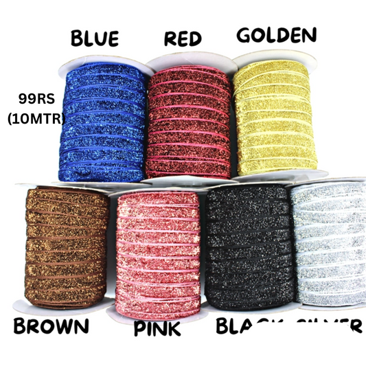 Multicolor 10mm width, 10mtr length glitter shimmer velvet ribbon sparkle for DIY hair accessories, gift making etc